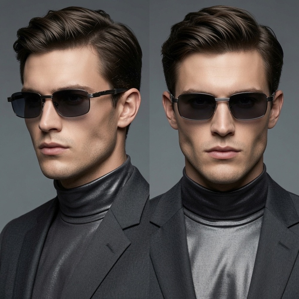Mens Gunmetal Retro Sunglasses Gradient Smoke Lens Metal Frame Ribbed Detail New